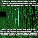 Matrix hallway code | A THRU I = 11 THRU 19, J THRU R = 21 THRU 29, S THRU Z = 31 THRU 38. CONTINUE BY TURNING LOWERCASE LETTERS, THE DIGITS 0 THRU 9, PUNCTUATION AND A SPACE ALL INTO 2 DIGIT NUMBERS. EXPRESS ANYTHING, FROM THE BIBLE TO THE ENTIRE INTERNET, AS ONE VERY LONG NUMBER. REDUCE THIS NUMBER, EG, X*2^Y. USE ANY PROGRAM YOU LIKE, EG, EXCEL, TO TRANSLATE. WELCOME TO UNLIMITED DISK SPACE, LEGAL PIRACY AND A PEER-TO-PEER INTERNET THAT DOESN'T NEED AN ISP. | image tagged in matrix hallway code | made w/ Imgflip meme maker