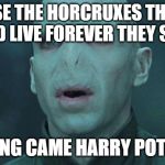 Voldemort | USE THE HORCRUXES THEY SAID LIVE FOREVER THEY SAID; ALONG CAME HARRY POTTER | image tagged in voldemort | made w/ Imgflip meme maker