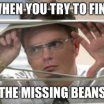Dwight Schrute Looking | WHEN YOU TRY TO FIND; THE MISSING BEANS | image tagged in dwight schrute looking | made w/ Imgflip meme maker
