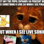 puss in boots eyes | THEY SAY THE PUPIL EXPANDS 50 PERCENT WHEN U SEE SOMETHING U LOVE SO WHEN I SEE PIKACHU; BUT WHEN I SEE LIVE SONIC | image tagged in puss in boots eyes | made w/ Imgflip meme maker