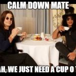 Ozzy and Slash tea time | CALM DOWN MATE; YEAH, WE JUST NEED A CUP O TEA | image tagged in ozzy and slash tea time | made w/ Imgflip meme maker