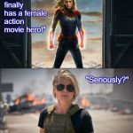 Captain Marvel & Sarah Connor | The Movie Defenders Podcast; "America finally has a female action movie hero!"; "Seriously?"; patreon.com/moviedefenders | image tagged in captain marvel  sarah connor | made w/ Imgflip meme maker