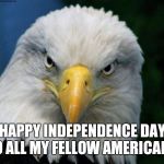 Happy July 4th | HAPPY INDEPENDENCE DAY TO ALL MY FELLOW AMERICANS | image tagged in american bald eagle,independence day,4th of july,'murica,freedom | made w/ Imgflip meme maker