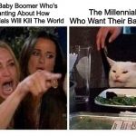 Just Give It Back, Old Timer! | The Baby Boomer Who's Ranting About How Millennials Will Kill The World; The Millennials Who Want Their Ball Back | image tagged in cat at dinner,memes | made w/ Imgflip meme maker