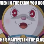 le evil catte | WHEN IN THE EXAM YOU COPY; THE SMARTEST IN THE CLASS | image tagged in le evil catte | made w/ Imgflip meme maker