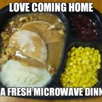 Hungryman turkey dinner | LOVE COMING HOME; TO A FRESH MICROWAVE DINNER | image tagged in hungryman turkey dinner | made w/ Imgflip meme maker