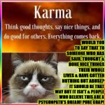 GRUMPY VS KARMA | WOULD YOU TO SAY THAT TO SOMEONE WHO HAS SAID, THOUGHT & DONE NICE THINGS THEIR WHOLE LIVES & HAVE GOTTEN NOTHING BUT ABUSE? IT SHOULD BE THAT WAY BUT IT ISN'T & PEOPLE WHO BELIEVE THIS ARE A PSYCHOPATH'S DREAM! PURE CRAP! | image tagged in grumpy vs karma | made w/ Imgflip meme maker