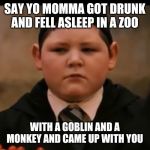 Goblin Crabbe | SAY YO MOMMA GOT DRUNK AND FELL ASLEEP IN A ZOO; WITH A GOBLIN AND A MONKEY AND CAME UP WITH YOU | image tagged in goblin crabbe,harry potter,comedy | made w/ Imgflip meme maker