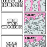 Reaction | CHILL GUY TELLS A GIRL HE LIKES HER; THE ONE AVG. KID WHO IS NERVOUS; THAT ONE POPULAR KID'S CONFESSION | image tagged in reaction | made w/ Imgflip meme maker