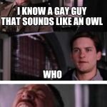 Toby cry | I KNOW A GAY GUY THAT SOUNDS LIKE AN OWL; WHO | image tagged in toby cry | made w/ Imgflip meme maker