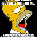 Drooling Homer | HEY - THAT WOULD BE REALLY HOT FOR ME. A FEMALE WHO KNOWS HOW TO PICK A LOCK WOULD MAKE MY DAY. | image tagged in drooling homer | made w/ Imgflip meme maker