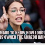 Ocasio cortez | I DEMAND TO KNOW HOW LONG JEFF BEZOS HAS OWNED THE AMAZON RAIN FOREST | image tagged in ocasio cortez | made w/ Imgflip meme maker