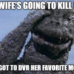 Godzilla Facepalm | MY WIFE'S GOING TO KILL ME... I FORGOT TO DVR HER FAVORITE MOVIE... | image tagged in godzilla facepalm | made w/ Imgflip meme maker