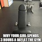 gay gym | WHY YOUR GIRL SPENDS 3 HOURS A DAY AT THE GYM. | image tagged in gay gym | made w/ Imgflip meme maker