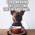 good morning | GOOD MORNING; JUST PASS ME THE GIN AND TONIC. | image tagged in good morning puppy,memes,dog memes,funny dog,good morning | made w/ Imgflip meme maker