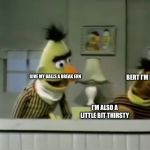 Ernie and Bert Chocolate Ice Cream | GIVE MY BALLS A BREAK ERN; BERT I’M HUNGRY; I’M ALSO A LITTLE BIT THIRSTY | image tagged in ernie and bert chocolate ice cream | made w/ Imgflip meme maker