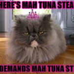 WHERE'S MAH TUNA | WHERE'S MAH TUNA STEAK? ME DEMANDS MAH TUNA STEAK | image tagged in where's mah tuna | made w/ Imgflip meme maker