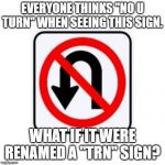 No U Turn Sign=Trn Sign | EVERYONE THINKS "NO U TURN" WHEN SEEING THIS SIGN. WHAT IF IT WERE RENAMED A "TRN" SIGN? | image tagged in no u turn sign | made w/ Imgflip meme maker
