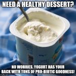 Yogurt | NEED A HEALTHY DESSERT? NO WORRIES. YOGURT HAS YOUR BACK WITH TONS OF PRO-BIOTIC GOODNESS! | image tagged in yogurt | made w/ Imgflip meme maker
