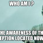 buddha | WHO AM I ? THE AWARENESS OF THE PERCEPTION LOCATED NOWHERE | image tagged in buddha | made w/ Imgflip meme maker