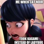 Miraculous LB Marinette | ME WHEN CAT NOIR; TOOK KAGAMI INSTEAD OF LADYBUG | image tagged in miraculous lb marinette | made w/ Imgflip meme maker