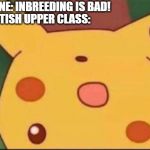 surprised pikachu inbred | EVERYONE: INBREEDING IS BAD! THE BRITISH UPPER CLASS: | image tagged in surprised pikachu inbred | made w/ Imgflip meme maker