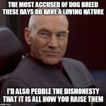 Picard confident  | THE MOST ACCUSED OF DOG BREED THESE DAYS DO HAVE A LOVING NATURE; I'D ALSO PEDDLE THE DISHONESTY THAT IT IS ALL HOW YOU RAISE THEM | image tagged in picard confident | made w/ Imgflip meme maker