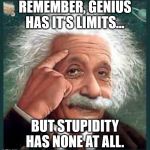 AA A eistien einstien | REMEMBER, GENIUS HAS IT'S LIMITS... BUT STUPIDITY HAS NONE AT ALL. | image tagged in aa a eistien einstien | made w/ Imgflip meme maker