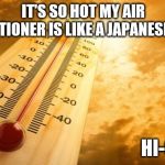 Welcome to the melting pot. | IT'S SO HOT MY AIR CONDITIONER IS LIKE A JAPANESE POEM; HI-COOL | image tagged in summer heat,bad pun,funny memes,area 51,aoc,puppies and kittens | made w/ Imgflip meme maker