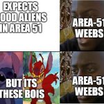 Sad Black Man | EXPECTS GOOD ALIENS IN AREA 51; AREA-51 WEEBS; BUT ITS THESE BOIS; AREA-51 WEEBS | image tagged in sad black man | made w/ Imgflip meme maker