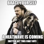 Sean Bean GOT | BRACE YOURSELF; A HEATWAVE IS COMING; (BETTER GET THIS COAT OFF) | image tagged in sean bean got | made w/ Imgflip meme maker