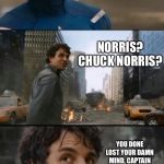 Hulk Bruce Banner | WE NEED YOUR HELP DETAINING CHUCK; NORRIS? CHUCK NORRIS? YOU DONE LOST YOUR DAMN MIND, CAPTAIN DIPSHIT. I’M TAKING MY ASS HOME. | image tagged in hulk bruce banner | made w/ Imgflip meme maker