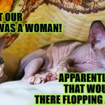 WHAT'S OUR HUMAN | WAIT I THOUGHT OUR HUMAN WAS A WOMAN! APPARENTLY NOT OR THAT WOULDN'T BE THERE FLOPPING AROUND! | image tagged in what's our human | made w/ Imgflip meme maker