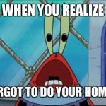 Mr Craps | WHEN YOU REALIZE; YOU FORGOT TO DO YOUR HOMEWORK | image tagged in mr krabs scream,homework,oh naw | made w/ Imgflip meme maker