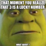 Shrek is salty | THAT MOMENT YOU REALIZE THAT 3 IS A LUCKY NUMBER. WHAT ABOUT 1 | image tagged in shrek is salty | made w/ Imgflip meme maker