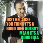 Pulp Volition | JUST BECAUSE 
YOU THINK IT'S A 
GOOD IDEA; DOESN'T
MEAN IT'S A
GOOD IDEA | image tagged in mr wolf,so true memes,life lessons,good idea/bad idea,just because,pulp fiction | made w/ Imgflip meme maker