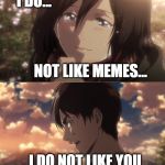 Eren rejection | I DO... NOT LIKE MEMES... I DO NOT LIKE YOU | image tagged in eren rejection | made w/ Imgflip meme maker