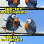 Drinking problem | When I drink cofffee, I can’t sleep; Really?  I have the opposite problem; When I sleep, I can’t drink coffee | image tagged in for the birds,coffee addict,coffee | made w/ Imgflip meme maker