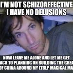 Dan Cilley Memes | I'M NOT SCHIZOAFFECTIVE I HAVE NO DELUSIONS; NOW LEAVE ME ALONE AND LET ME GET BACK TO PLANNING ON BUILDING THE GREAT WALL OF CHINA AROUND MY LTBLP MAGICAL MANSION | image tagged in dan cilley memes | made w/ Imgflip meme maker