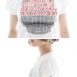 Lolita Express | I FLEW ON THE 
LOLITA EXPRESS 
AND ALL I GOT WAS 
THIS LOUSY T-SHIRT | image tagged in tits t-shirt | made w/ Imgflip meme maker