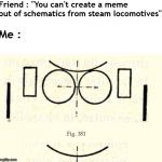 Fig. 381 | Friend : "You can't create a meme out of schematics from steam locomotives"; Me : | image tagged in fig 381,meme,hold my beer,grin,locomotive | made w/ Imgflip meme maker