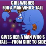 Scumbag Genie Strikes Again | GIRL WISHES FOR A MAN WHO’S TALL; GIVES HER A MAN WHO’S TALL—FROM SIDE TO SIDE | image tagged in the genie | made w/ Imgflip meme maker