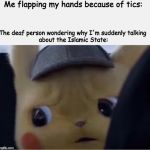 could be worse. | Me flapping my hands because of tics:; The deaf person wondering why I'm suddenly talking 
about the Islamic State: | image tagged in detective pikachu,autism | made w/ Imgflip meme maker