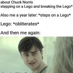 I am the unstoppable force, I am inevitable | Me: *sees meme about Chuck Norris stepping on a Lego and breaking the Lego*; Also me a year later: *steps on a Lego*; Lego: *obliterates*; And then me again: | image tagged in a part of him lives within me doesn't it,harry potter,dumbledore | made w/ Imgflip meme maker