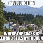 Cave Junction | CAVE JUNCTION; WHERE THE GRASS IS GREEN AND SELLS BY THE OUNCE. | image tagged in cave junction | made w/ Imgflip meme maker