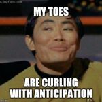sulu | MY TOES; ARE CURLING WITH ANTICIPATION | image tagged in sulu | made w/ Imgflip meme maker