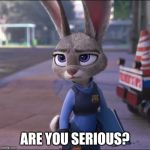 Unamused Judy Hopps | ARE YOU SERIOUS? | image tagged in judy hopps serious,zootopia,judy hopps,are you serious,parody,funny | made w/ Imgflip meme maker