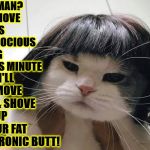 SHOVE IT | HUMAN? REMOVE THIS ATROCIOUS WIG THIS MINUTE; OR I'LL REMOVE IT & SHOVE IT UP YOUR FAT MORONIC BUTT! | image tagged in shove it | made w/ Imgflip meme maker