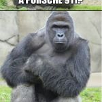 Here is a joke about race. Try to keep up. | WHAT DO YOU CALL A PRIMATE DRIVING A PORSCHE 911? PORSCHE MONKEY. | image tagged in bad joke gorilla,funny memes,race,porsche,monkey,driving | made w/ Imgflip meme maker
