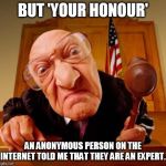 appeal to anonymous authority | BUT 'YOUR HONOUR'; AN ANONYMOUS PERSON ON THE INTERNET TOLD ME THAT THEY ARE AN EXPERT. | image tagged in mean judge | made w/ Imgflip meme maker